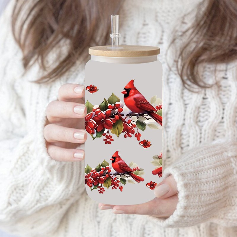 23*11CM Fashion Cartoon Red Bird Garden Branch Uv Dtf Heat Wrap Transfer Wrap Cup Sticker For Glass Can Bottle