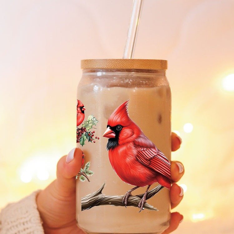 23*11CM Fashion Cartoon Red Bird Garden Branch Uv Dtf Heat Wrap Transfer Wrap Cup Sticker For Glass Can Bottle
