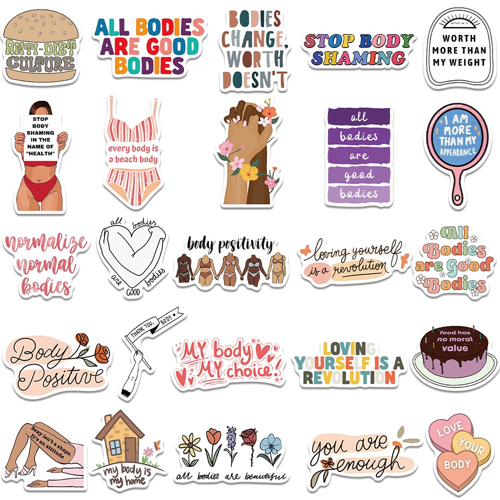50pcs Body Positive Love Self Graffiti Stickers for Girls Diy Notebook Scrapbooking Diary Phone Case Waterproof Toy Decals