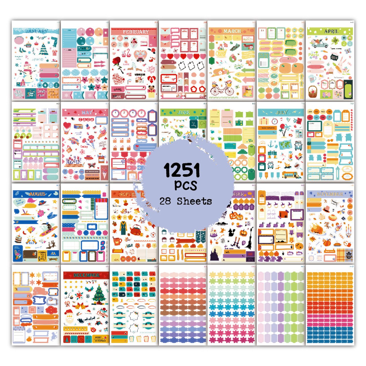 28PCS/Set Planner Sticker Journal & Calendar Inspirational Cartoon Sticker Dates Months Holiday List Sticker Planner Accessories