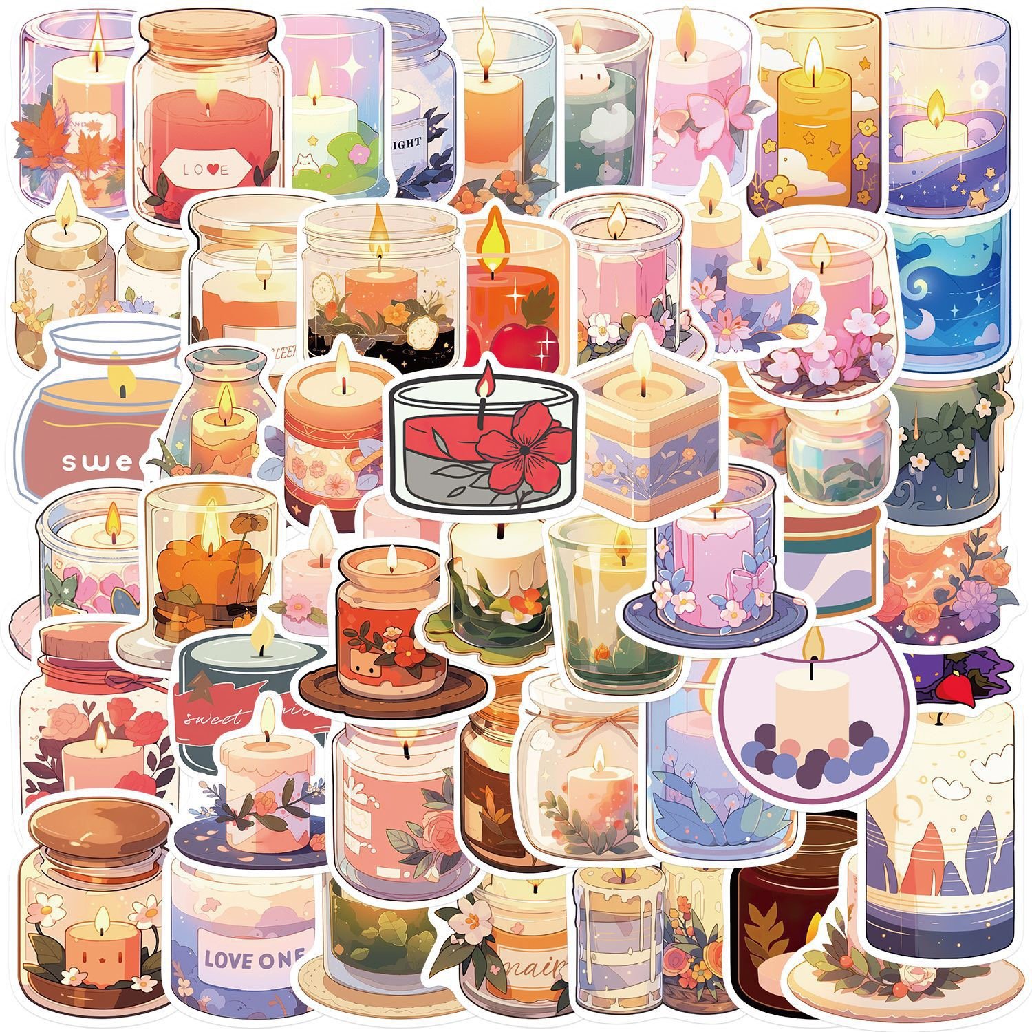 50pcs cartoon candle aromatherapy stickers personality decoration guitar notebook luggage DIY waterproof stickers wholesale