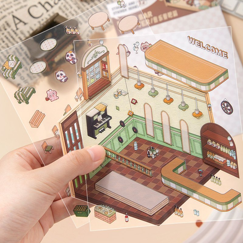 Simno Cute Scrapbooking Supplies 3D Miniature Cabin DIY Scene Stickers Cartoon Animals Panda Capybara Designs (Gen 2.0)