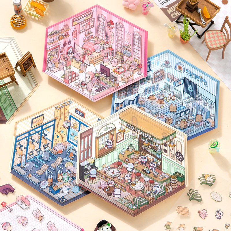 Simno Cute Scrapbooking Supplies 3D Miniature Cabin DIY Scene Stickers Cartoon Animals Panda Capybara Designs (Gen 2.0)