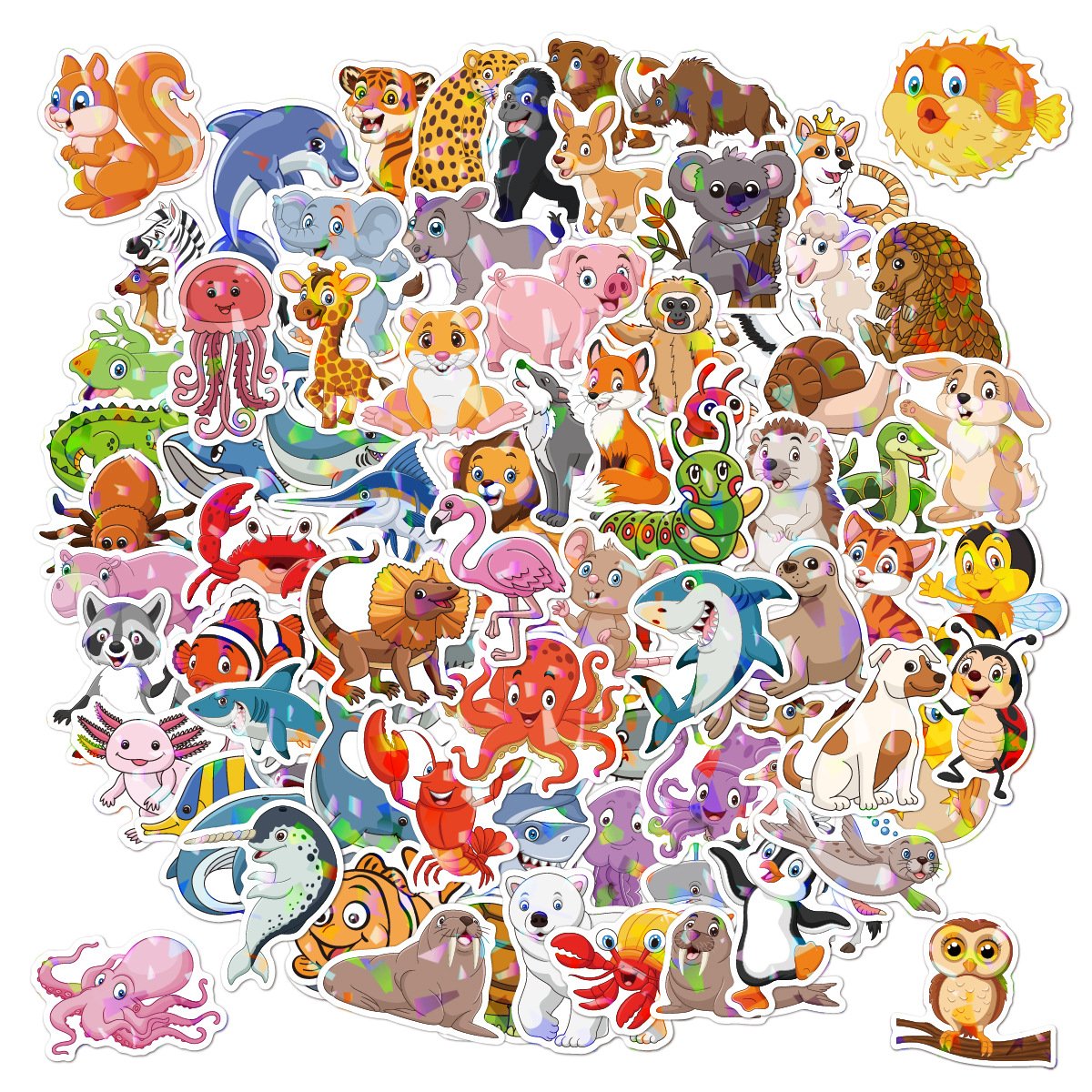 Cross-border Marine Animal stickers 50 holographic laser cartoon water bottles decorated diy waterproof Marine creature stickers