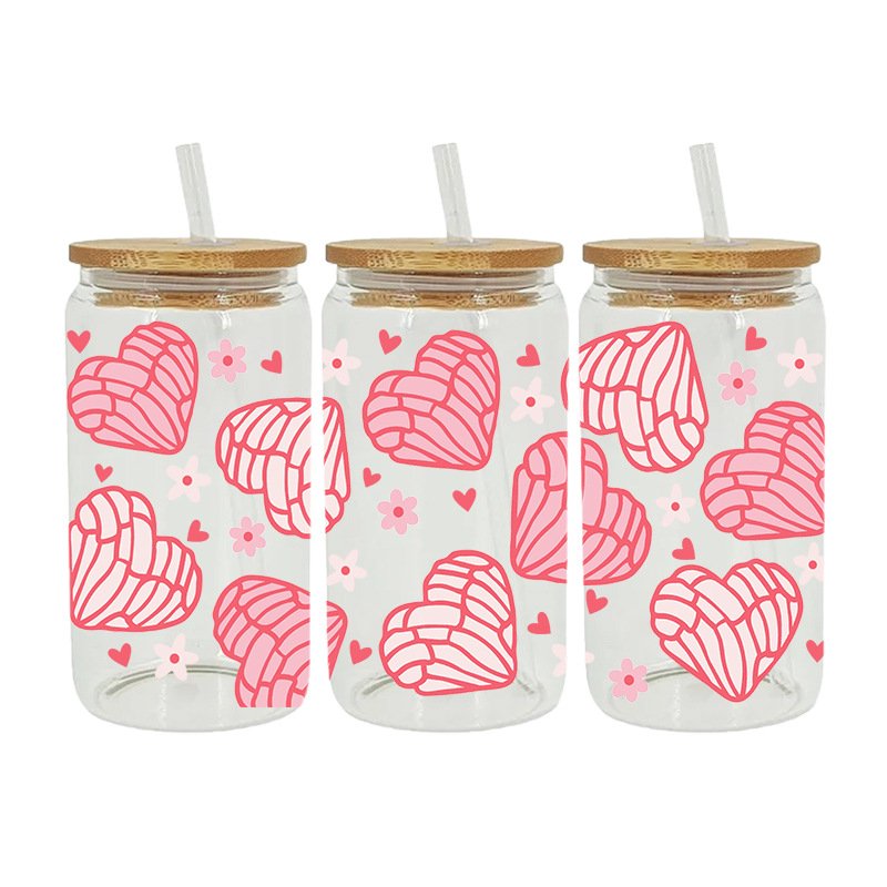 New wholesale in stock cartoon printing UV cup with crystal logo pattern 23cm*11cm coffee can glass cartoon heart DTF sticker