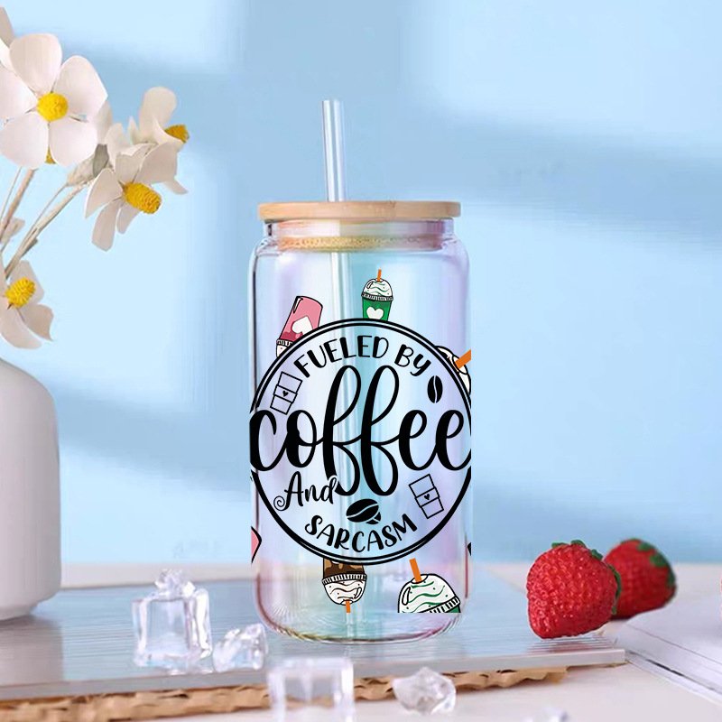 New wholesale in stock cartoon printing UV cup with crystal logo pattern 23cm*11cm coffee can glass cartoon heart DTF sticker