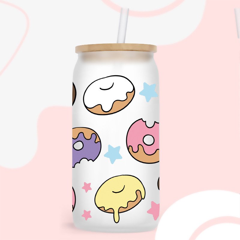 New wholesale in stock cartoon printing UV cup with crystal logo pattern 23cm*11cm coffee can glass cartoon heart DTF sticker