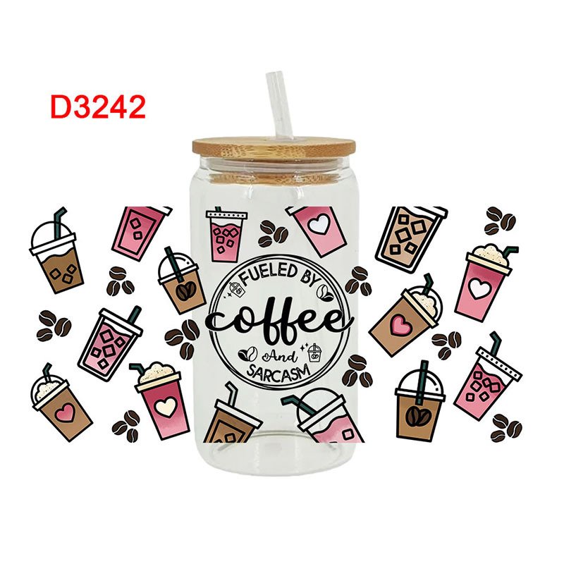 New wholesale in stock cartoon printing UV cup with crystal logo pattern 23cm*11cm coffee can glass cartoon heart DTF sticker