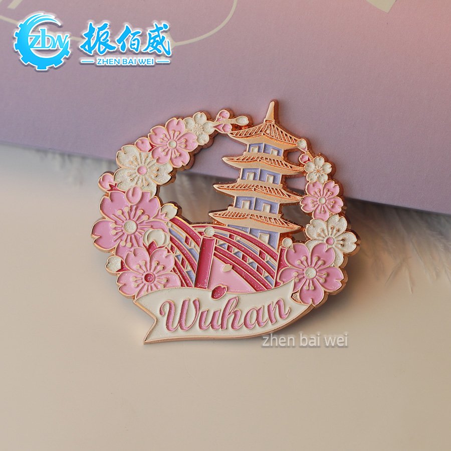 Wuhan Cherry Blossom series Metal hollow soft enamel refrigerator magnets custom, metal refrigerator magnets custom