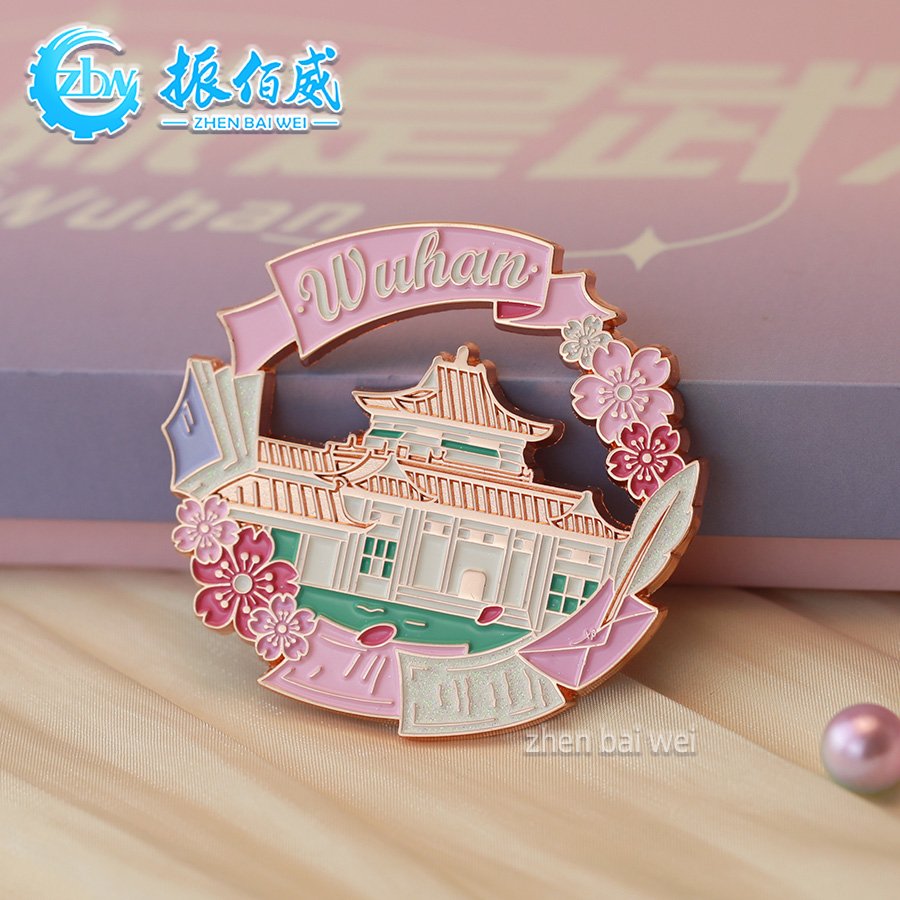 Wuhan Cherry Blossom series Metal hollow soft enamel refrigerator magnets custom, metal refrigerator magnets custom