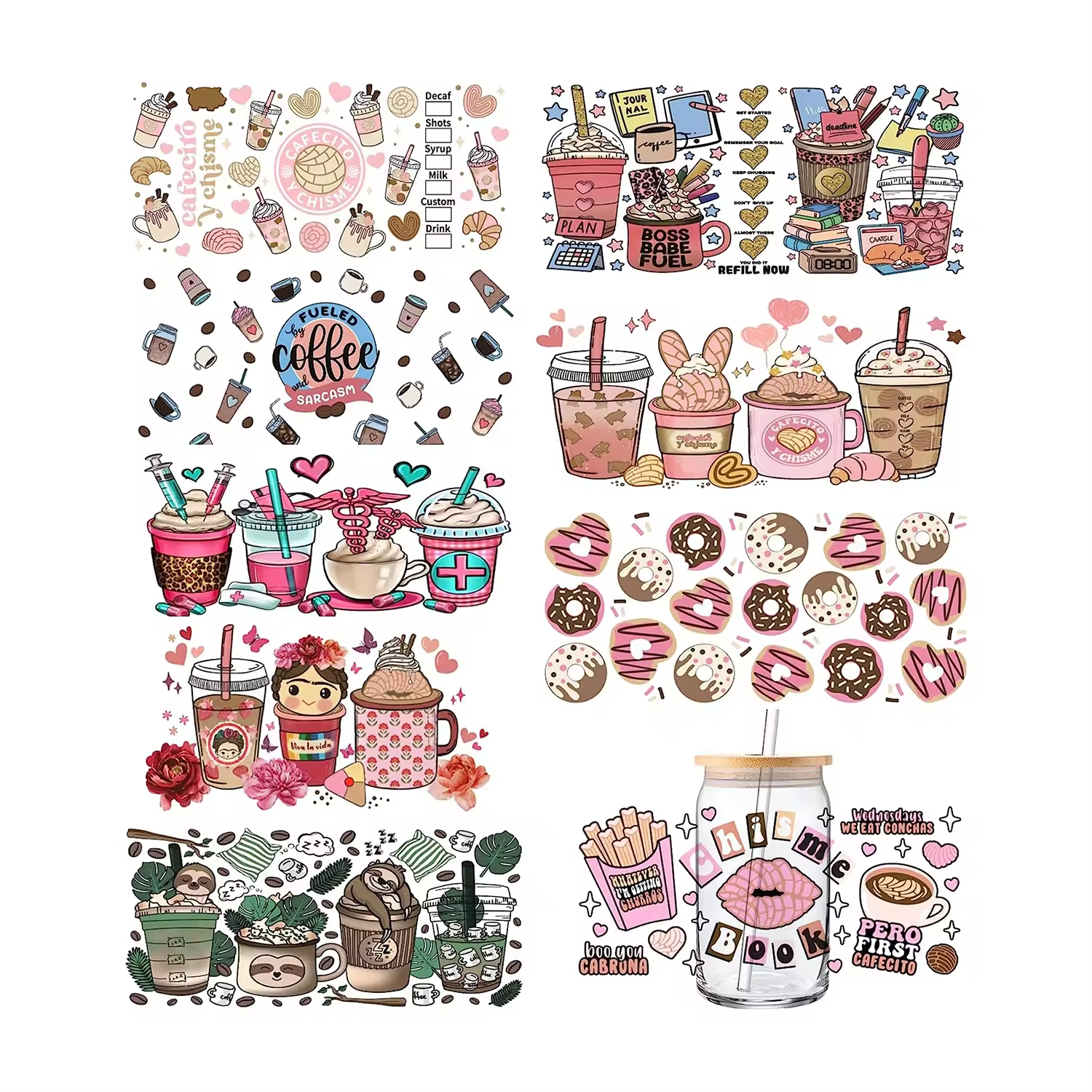Custom Multi-size UV DTF Cup Wraps Transfer Waterproof Stickers High Adhesive UVDTF Cup Decals 16oz 20oz Tumbler Wraps for Cup