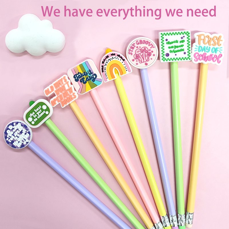 Factory Soft Pvc Pencil Topper Wholesale Phrases Series Cartoon Rubber Pencil Toppers Decoration For Office Students