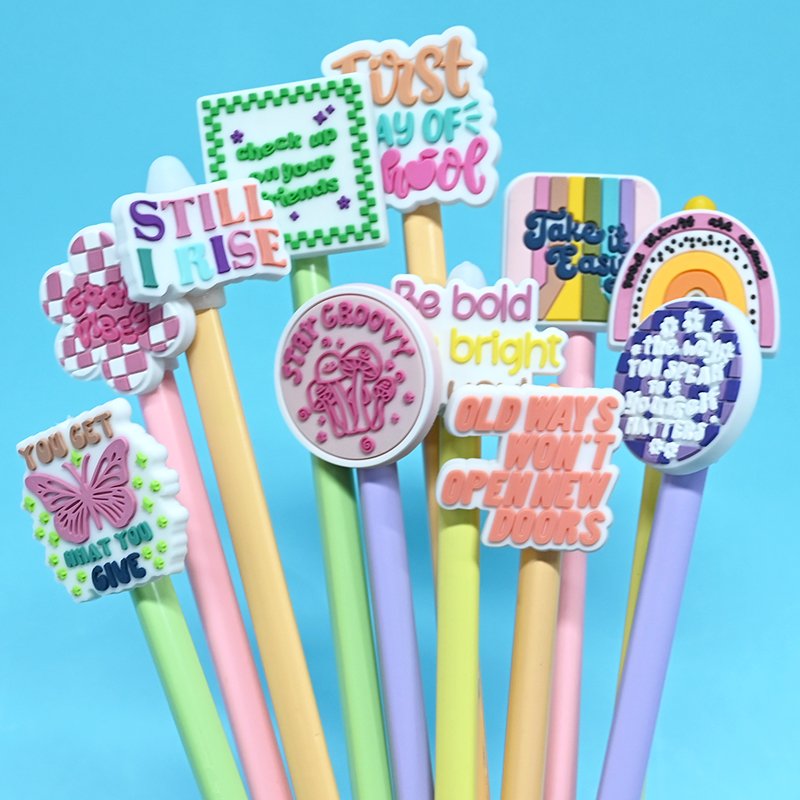 Factory Soft Pvc Pencil Topper Wholesale Phrases Series Cartoon Rubber Pencil Toppers Decoration For Office Students
