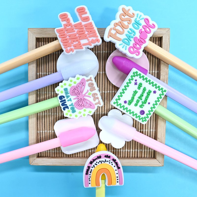 Factory Soft Pvc Pencil Topper Wholesale Phrases Series Cartoon Rubber Pencil Toppers Decoration For Office Students