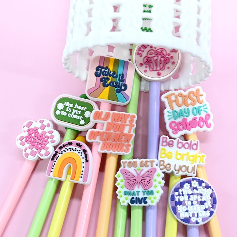 Factory Soft Pvc Pencil Topper Wholesale Phrases Series Cartoon Rubber Pencil Toppers Decoration For Office Students