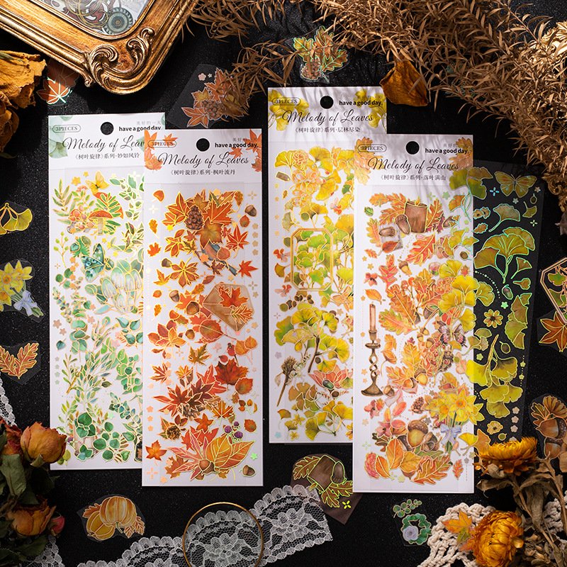 3pieces/pack Hot Laser Gold Stickers Leaf Melody Series Hand Account Collage DIY Material Base 4 Models