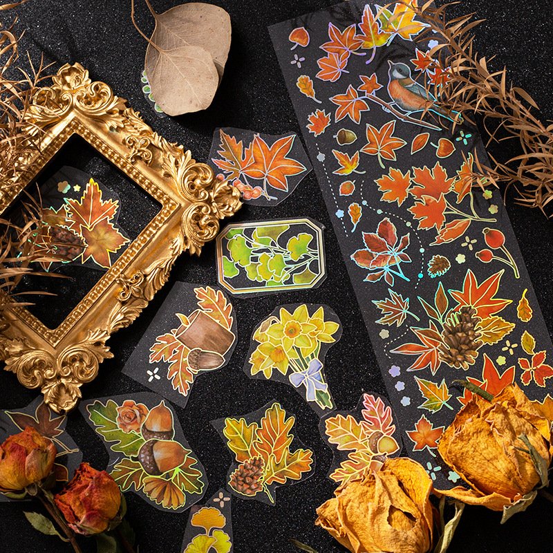 3pieces/pack Hot Laser Gold Stickers Leaf Melody Series Hand Account Collage DIY Material Base 4 Models
