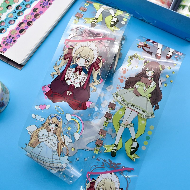 Chinese style green pink colorful buy Cartoon character girls clear washi tape with wrap packaging
