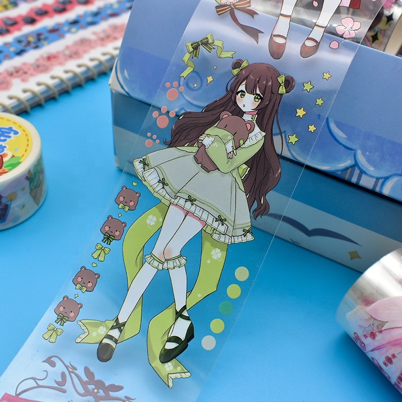 Chinese style green pink colorful buy Cartoon character girls clear washi tape with wrap packaging