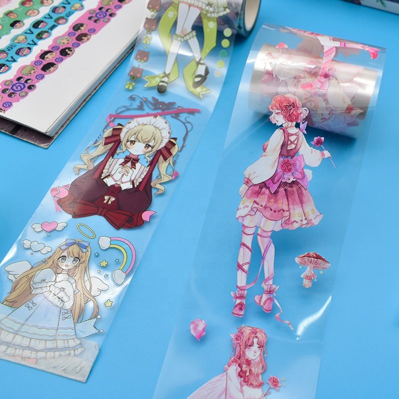 Chinese style green pink colorful buy Cartoon character girls clear washi tape with wrap packaging