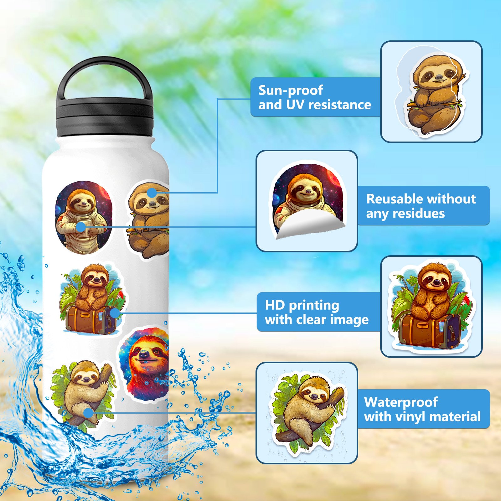V-50pcs cartoon cute sloths stickers for speed sell tong TEMU cross-border new cute sloths pvc