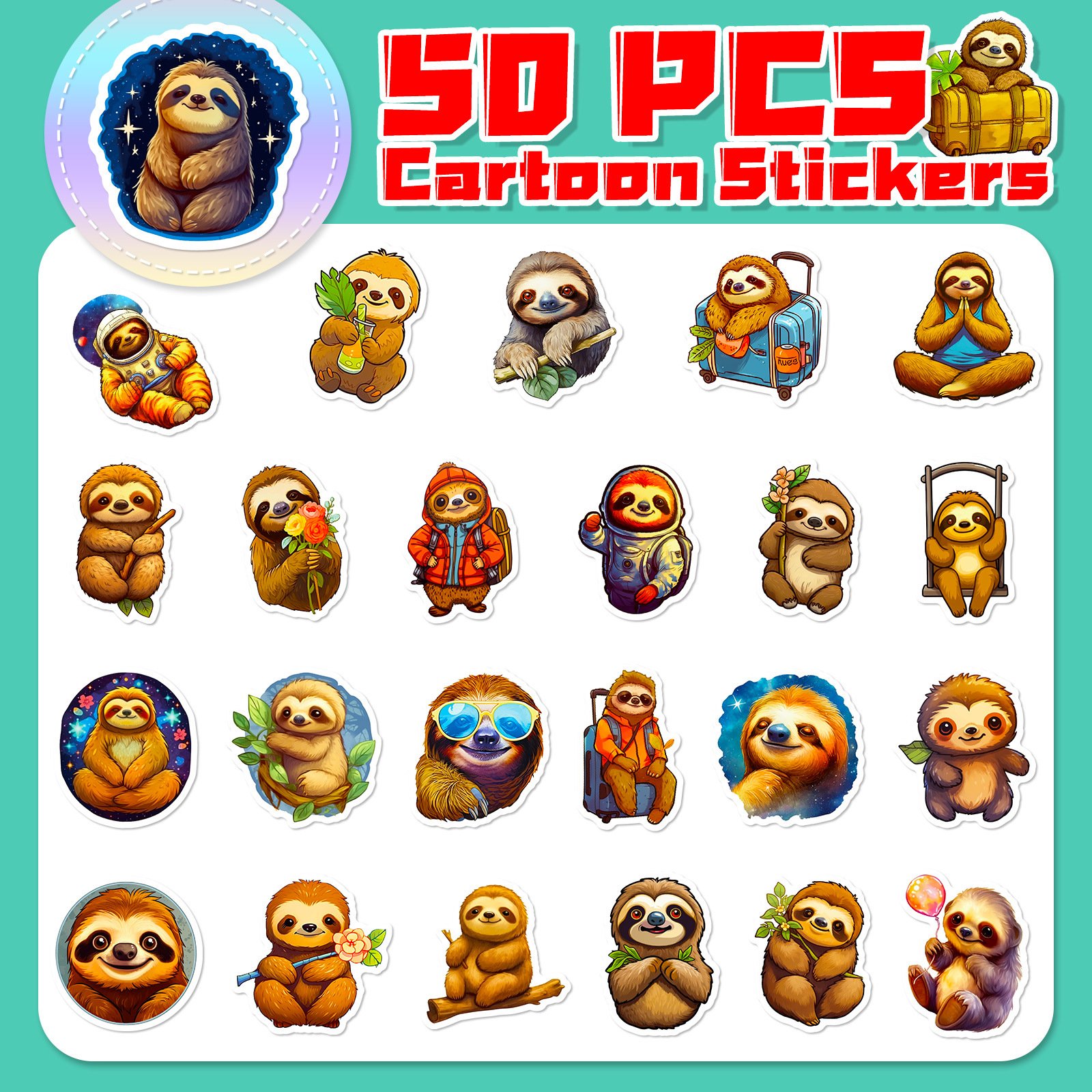 V-50pcs cartoon cute sloths stickers for speed sell tong TEMU cross-border new cute sloths pvc