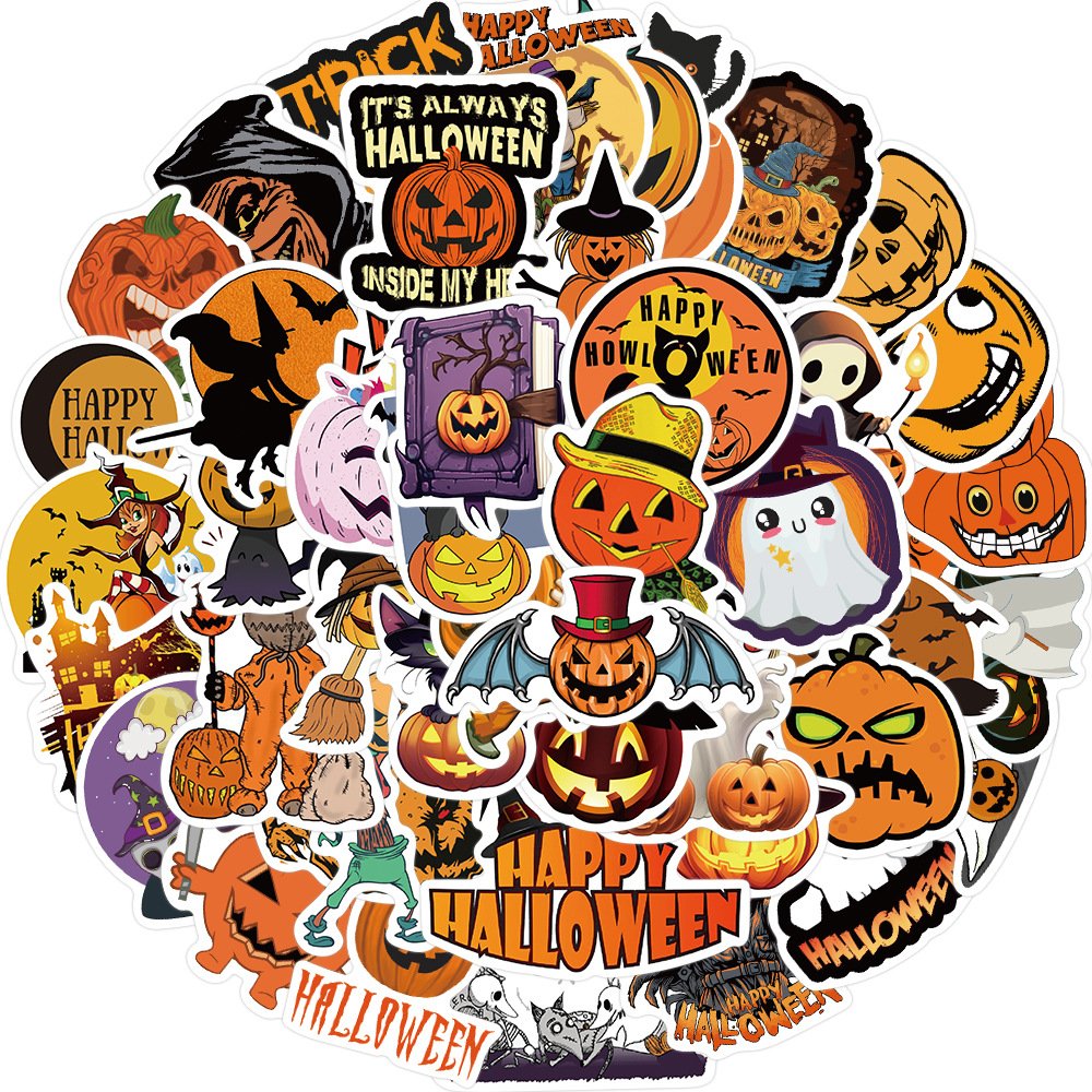 50 Sheets Halloween Graffiti Decorative Stickers Waterproof DIY Computer & Luggage Non-Stick Adhesive Paper & Film