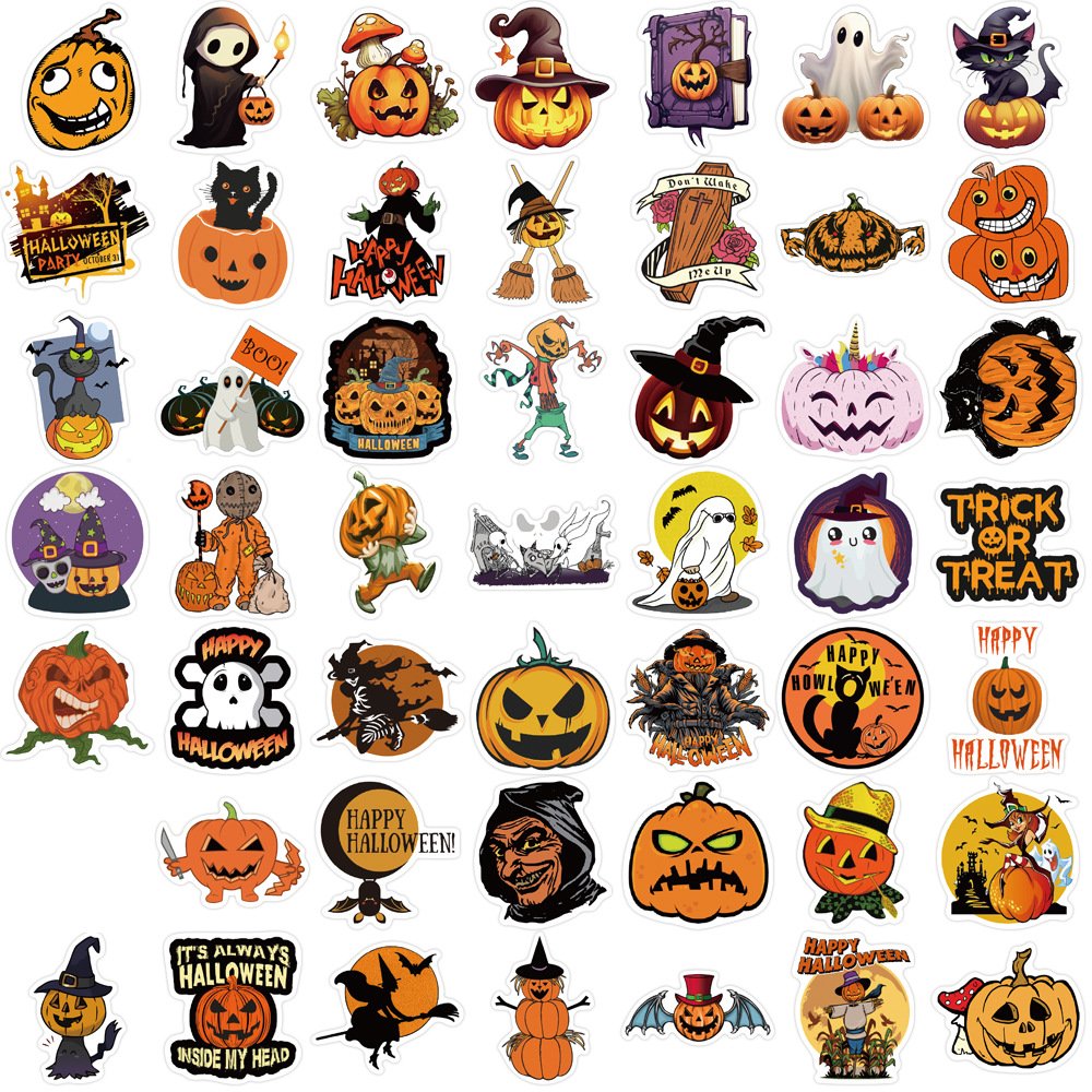 50 Sheets Halloween Graffiti Decorative Stickers Waterproof DIY Computer & Luggage Non-Stick Adhesive Paper & Film
