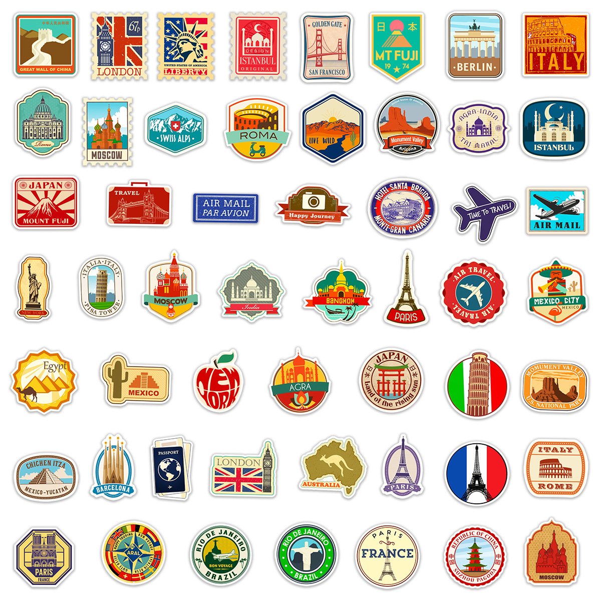 Die cut 50pcs cartoon Antique travel graffiti stickers hand ledger pull rod box Mobile phone case notebook removable sticker