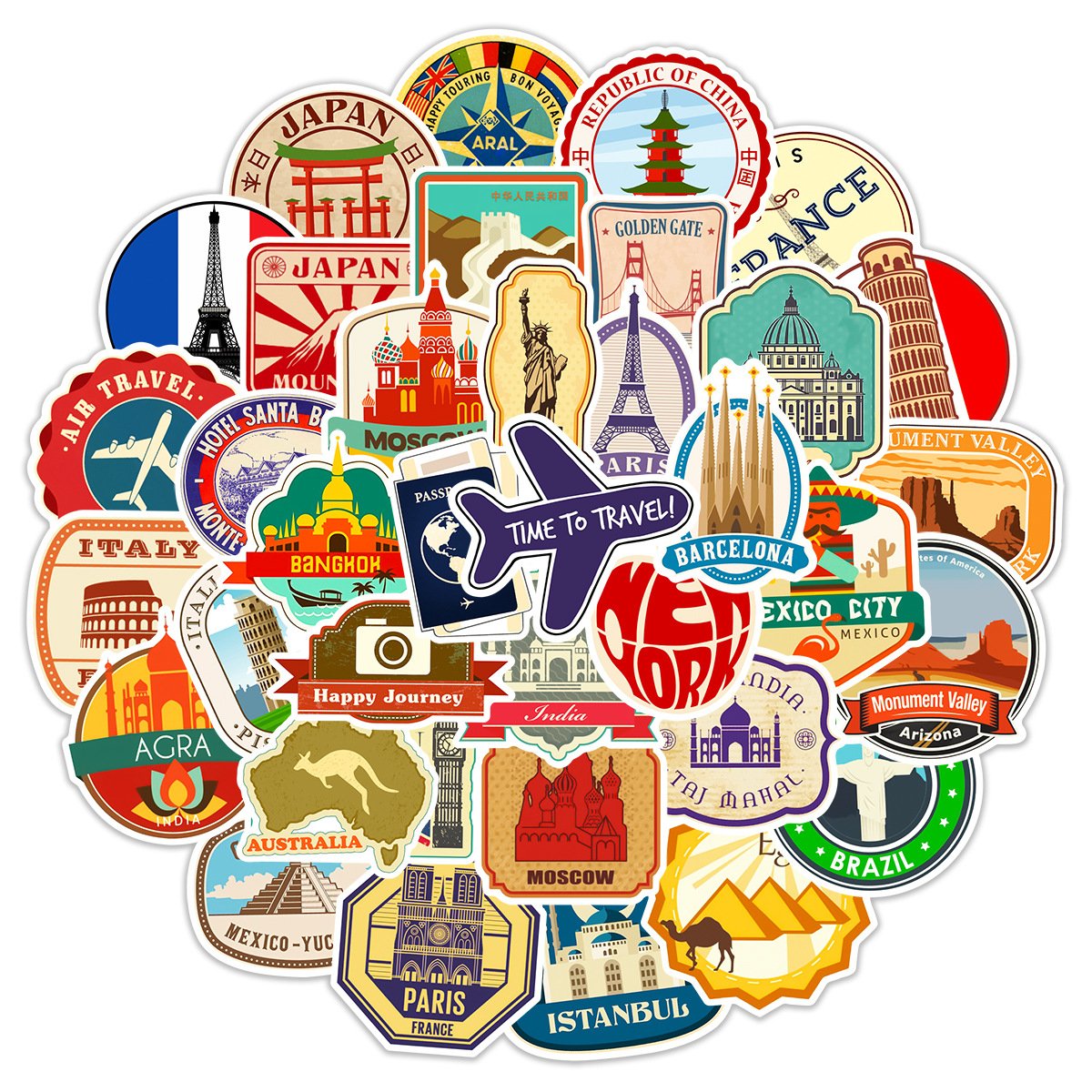 Die cut 50pcs cartoon Antique travel graffiti stickers hand ledger pull rod box Mobile phone case notebook removable sticker