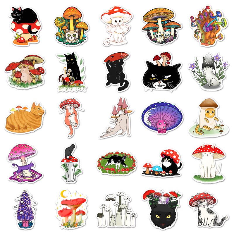 50Pcs High Quality Animal Waterproof Cartoon PVC Sticker Decorations Cat Mushroom Sticker