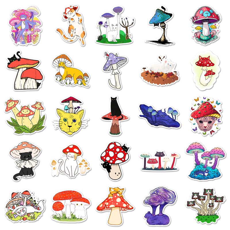 50Pcs High Quality Animal Waterproof Cartoon PVC Sticker Decorations Cat Mushroom Sticker