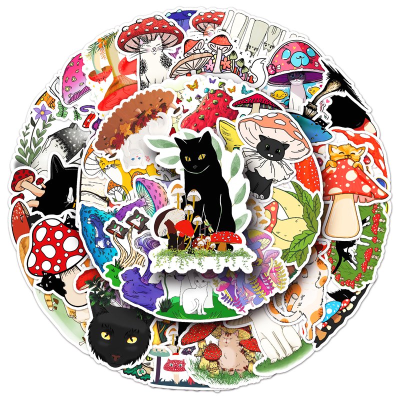 50Pcs High Quality Animal Waterproof Cartoon PVC Sticker Decorations Cat Mushroom Sticker