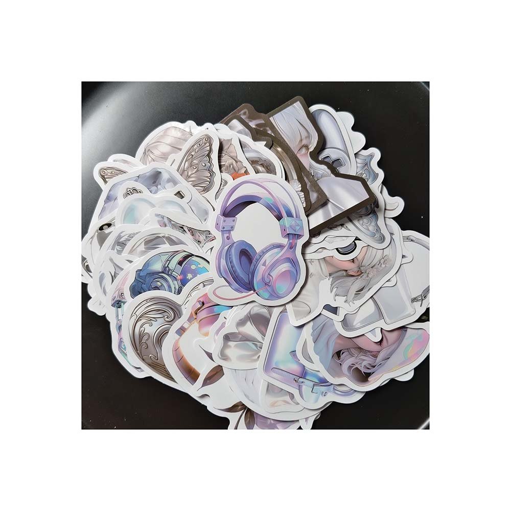 Customized 50pcs INS Style Waterproof Anime Girl Heart-Shaped Cool Metallic Silver Sticker Laptop Decoration for Promotion