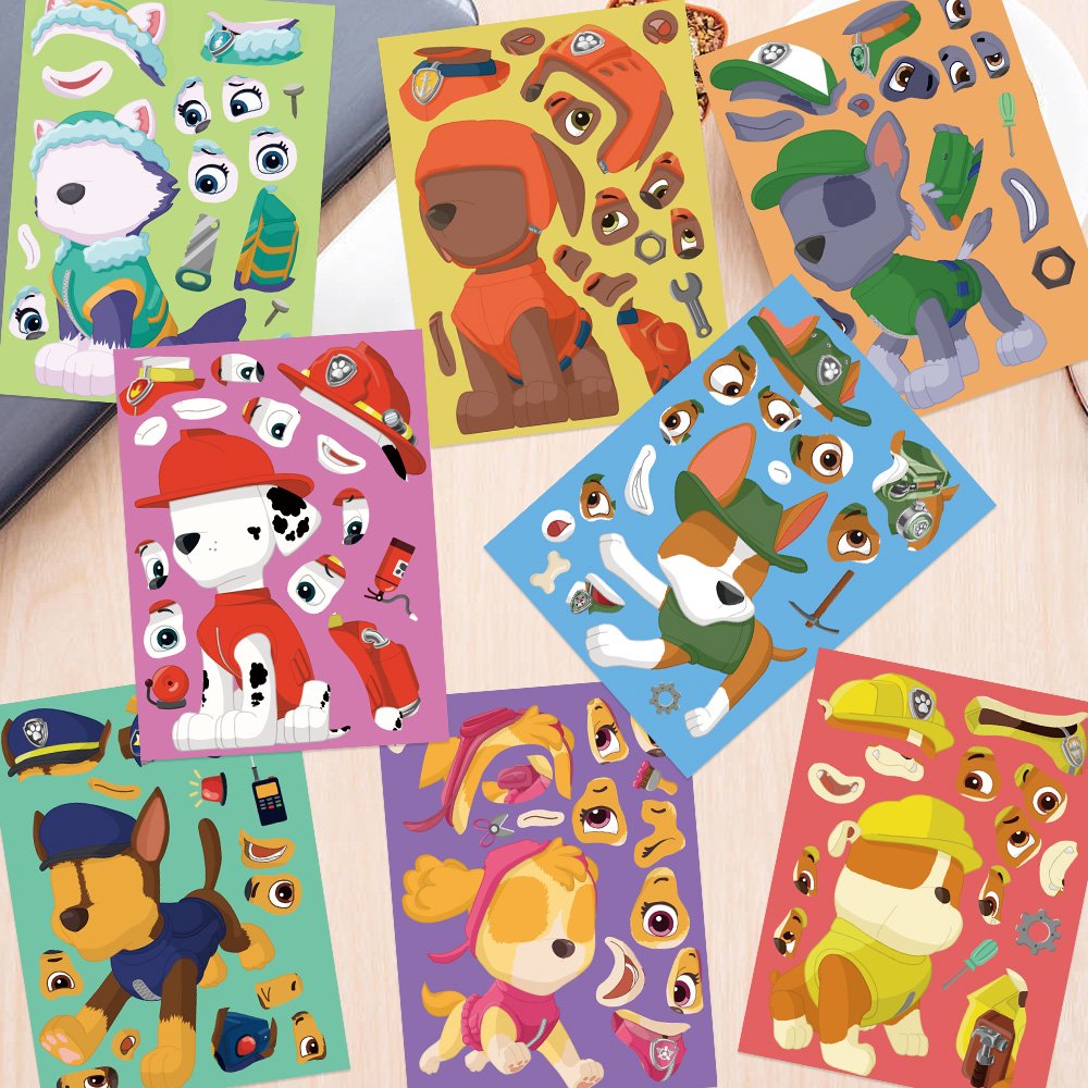 8 Sheets Die Cut Cute Cartoon Dog Decal Make a Face Pvc Stickers Diy Laptop Phone Water Cup Guitar Diary Waterproof Puzzle Toy