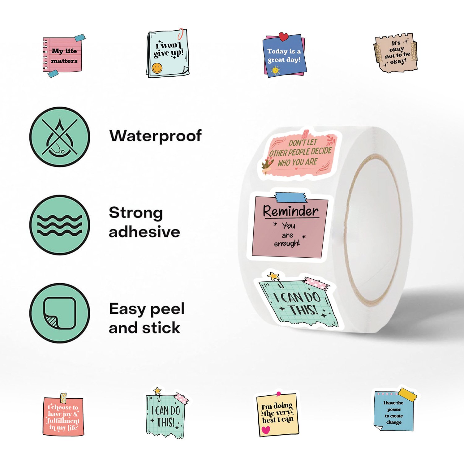 Custom Printing Waterproof Die Cut Sticker Self-affirmation Text Roll Label stickers and Decals 500pcs for Bedroom Notebook Kids