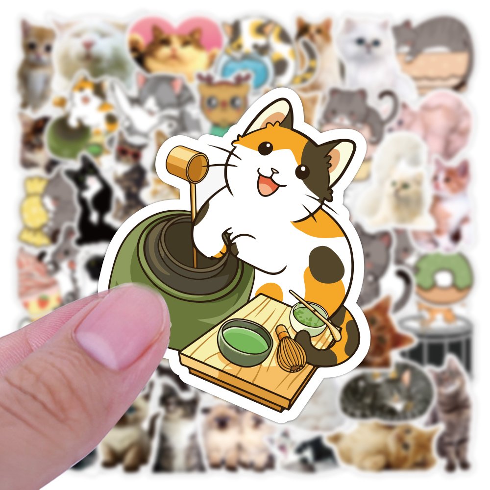 50pcs Waterproof Cute Cartoon Cat Sticker Custom PVC Car Motorcycle Bicycle Luggage Decorative Animal Kitty Stickers for DIY kid