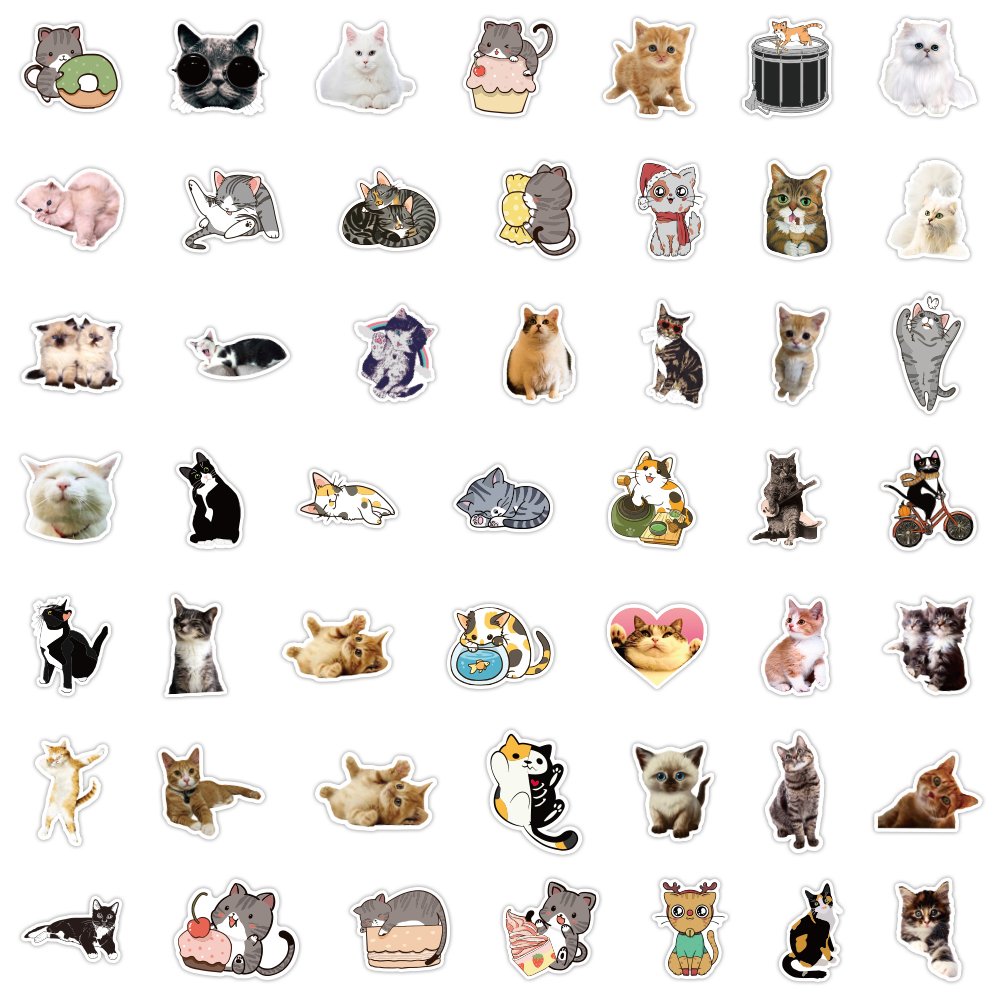 50pcs Waterproof Cute Cartoon Cat Sticker Custom PVC Car Motorcycle Bicycle Luggage Decorative Animal Kitty Stickers for DIY kid