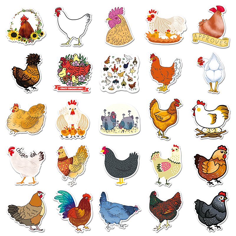 50PCS/Pack Chicken Stickers Waterproof Vinyl Stickers Decals for Water Bottles Bicycle Computer Mobile Phone Cartoon Stickers