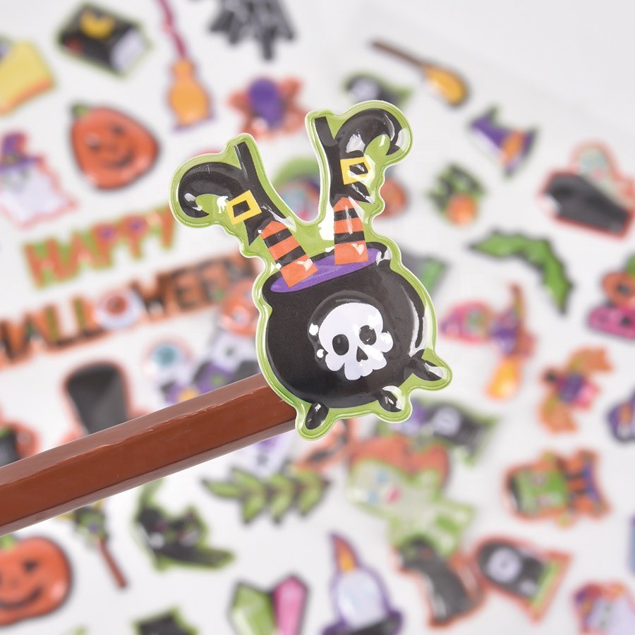 Halloween design puffy stickers custom die cut shape self adhesive sticker sheet cute cartoon window stickers for home deco