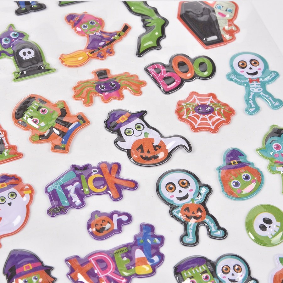 Halloween design puffy stickers custom die cut shape self adhesive sticker sheet cute cartoon window stickers for home deco