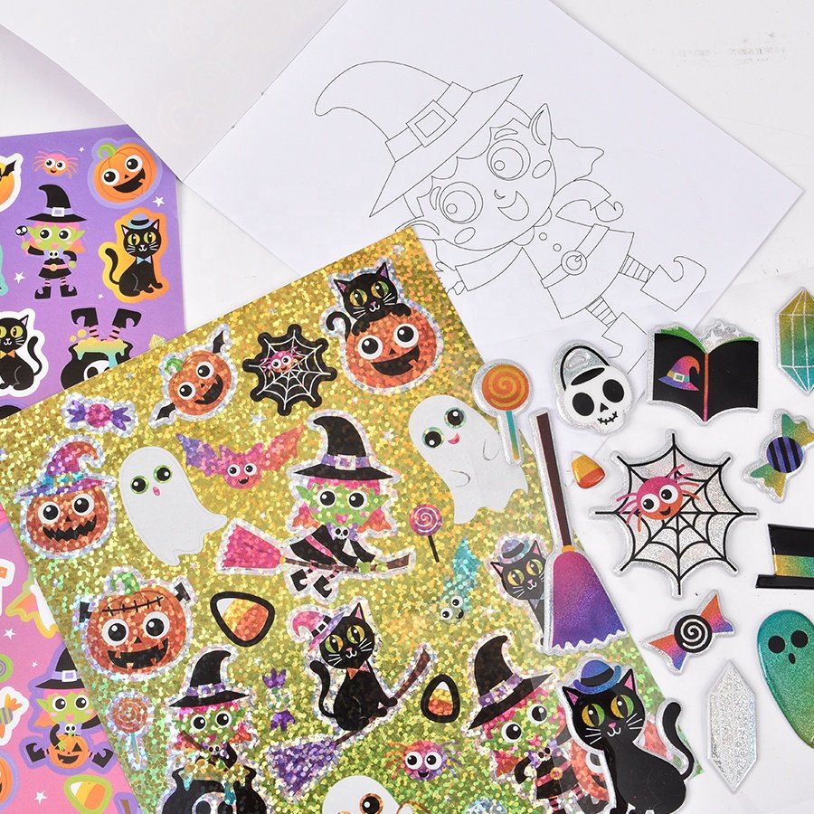 Halloween design puffy stickers custom die cut shape self adhesive sticker sheet cute cartoon window stickers for home deco