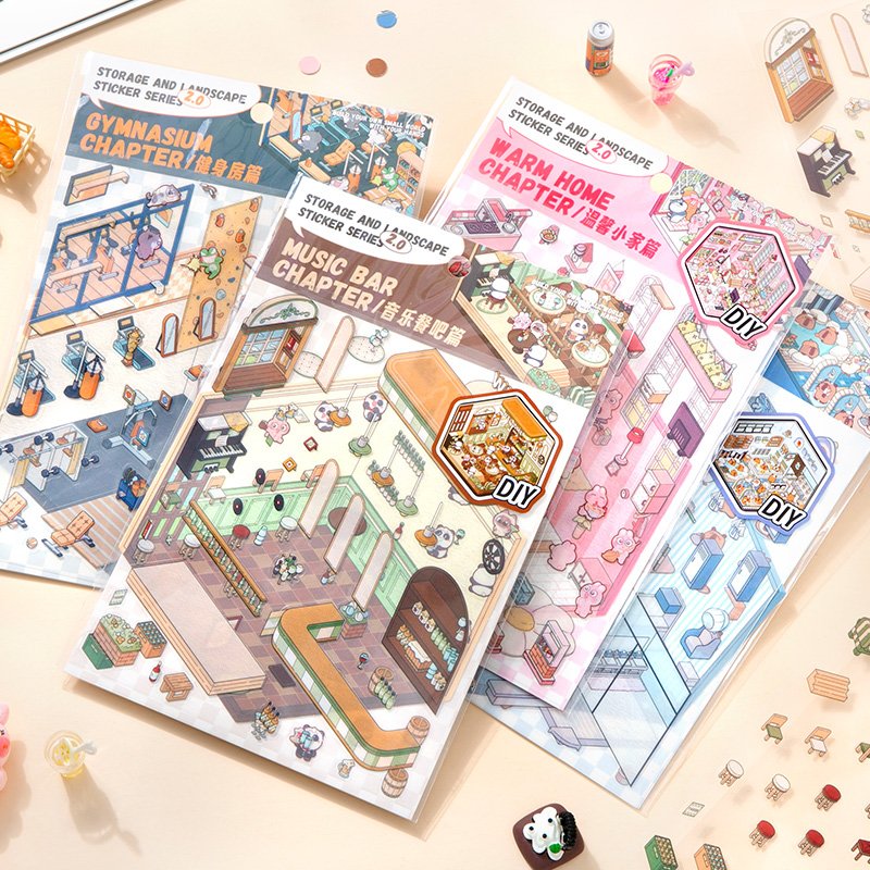 SIMNO Decompress Kawaii Stationery 3D Miniature Scene Cute Room DIY Stickers Cartoon Animals Sticker for Scrapbook (Gen 2.0)