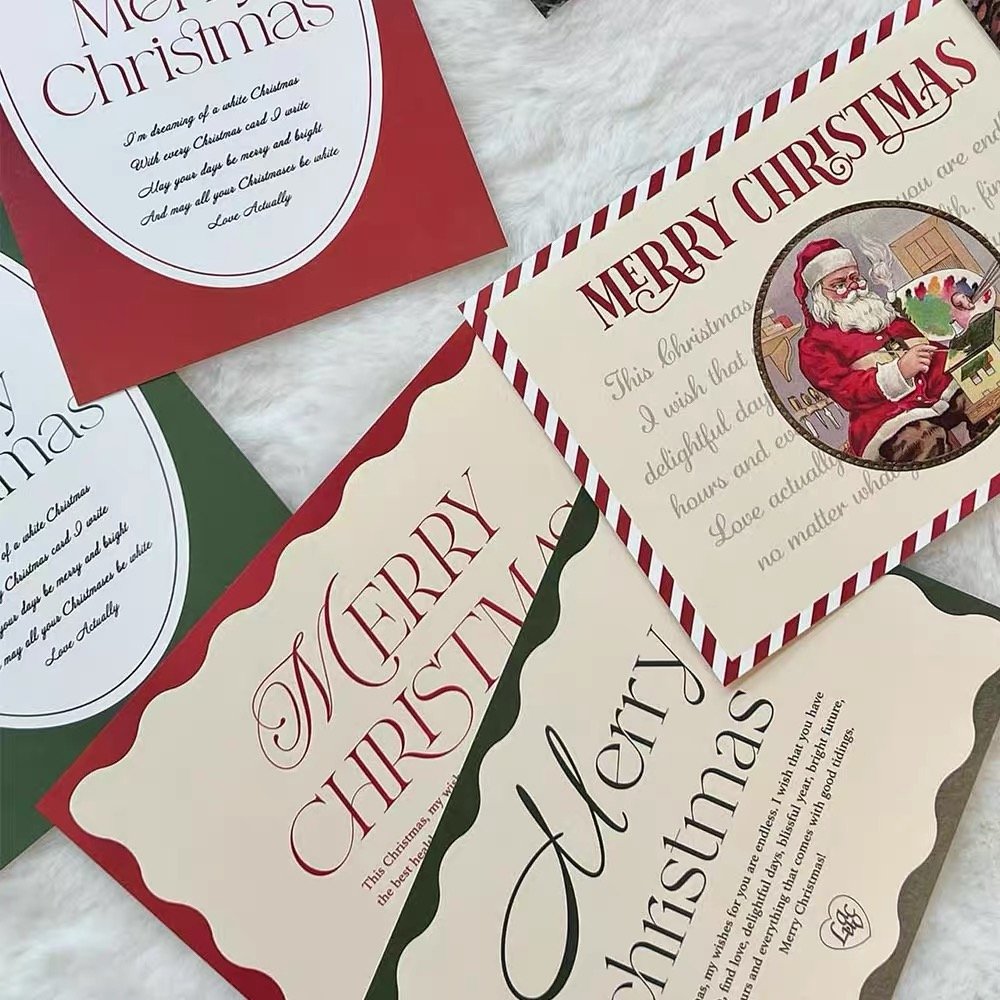 Customized Holiday Card Cartoon Santa Claus And Snowman Boxed Art Paper With Embossing Christmas Greeting Card In Stock