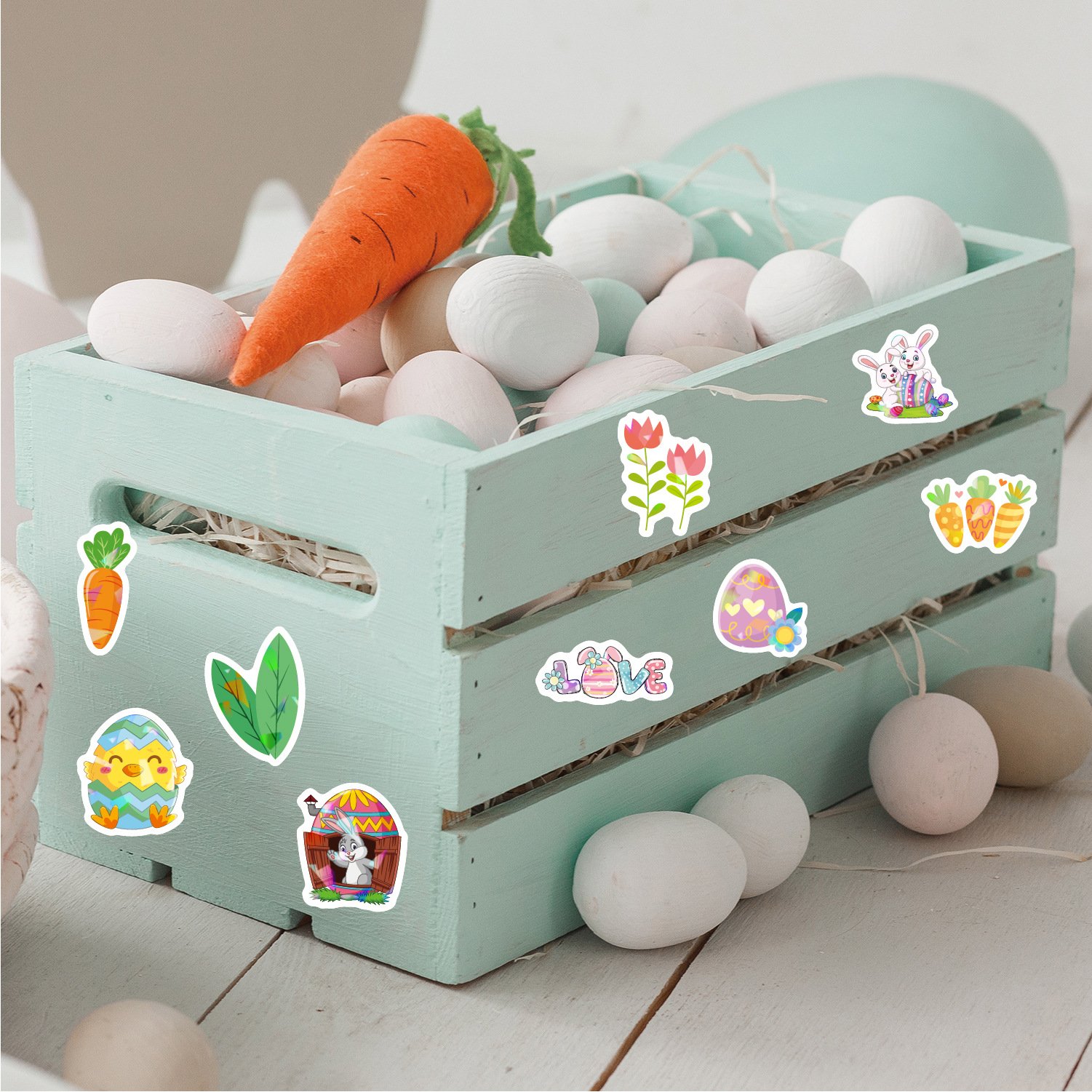 8 Sheets Holographic Children's Cartoon Easter Rabbit Stickers Vinyl Waterproof Laser Easter Eggs Sticker Sheets Home Decoration