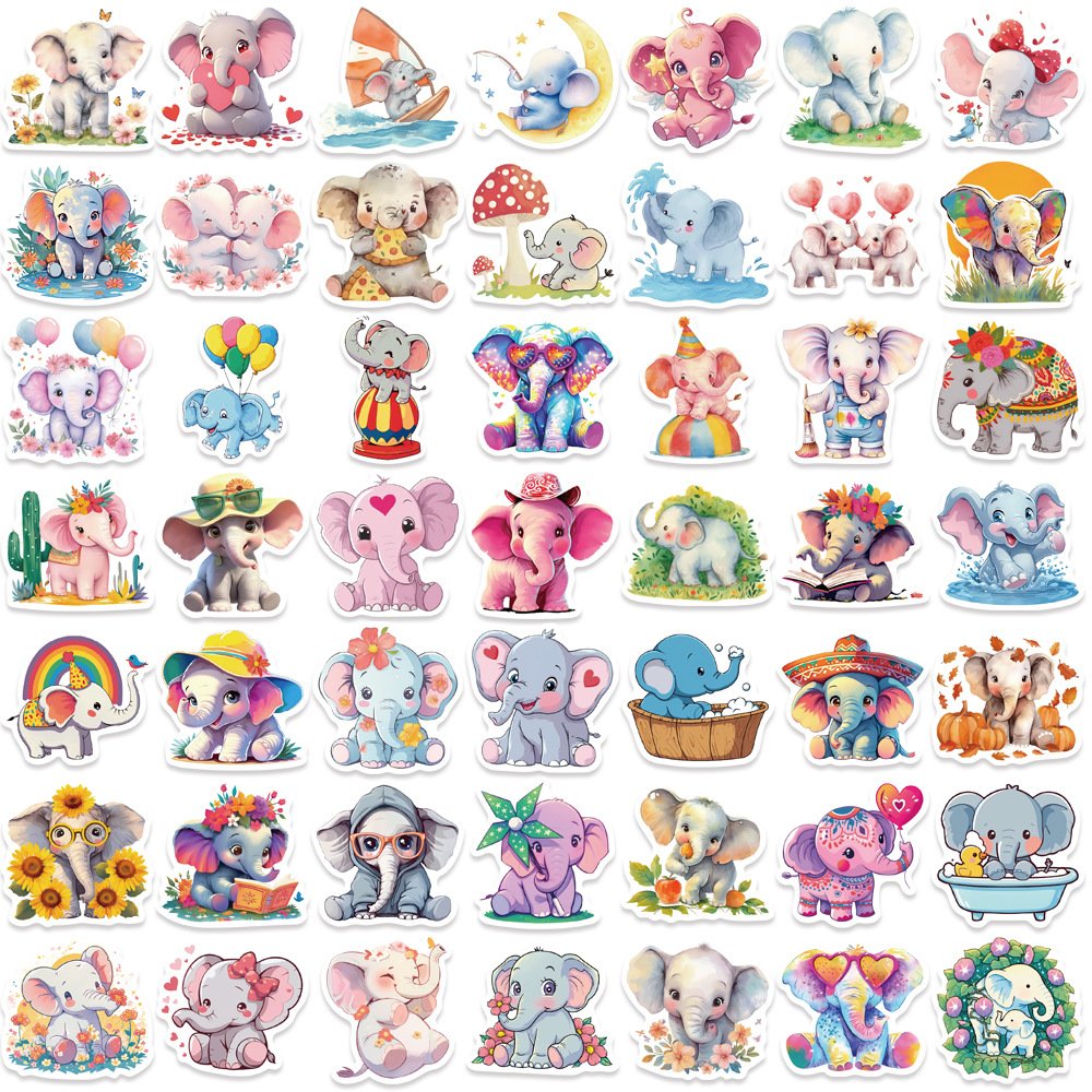 50Pcs Colorful Cute Cartoon Elephant Animal Sticker Label For Skateboard Luggage Laptop Notebook Children Decorative
