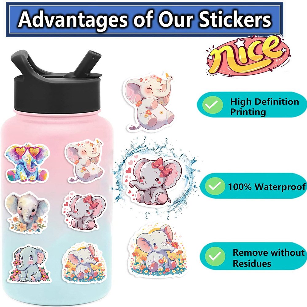 50Pcs Colorful Cute Cartoon Elephant Animal Sticker Label For Skateboard Luggage Laptop Notebook Children Decorative