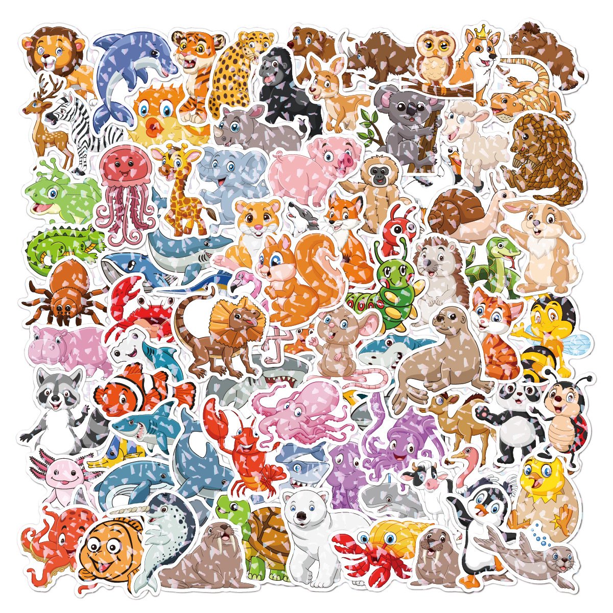100pcs Holographic Children's Cartoon Animal Stickers Glitter Kawaii Cute Anime Waterproof Laser Textured Stationery Sticker