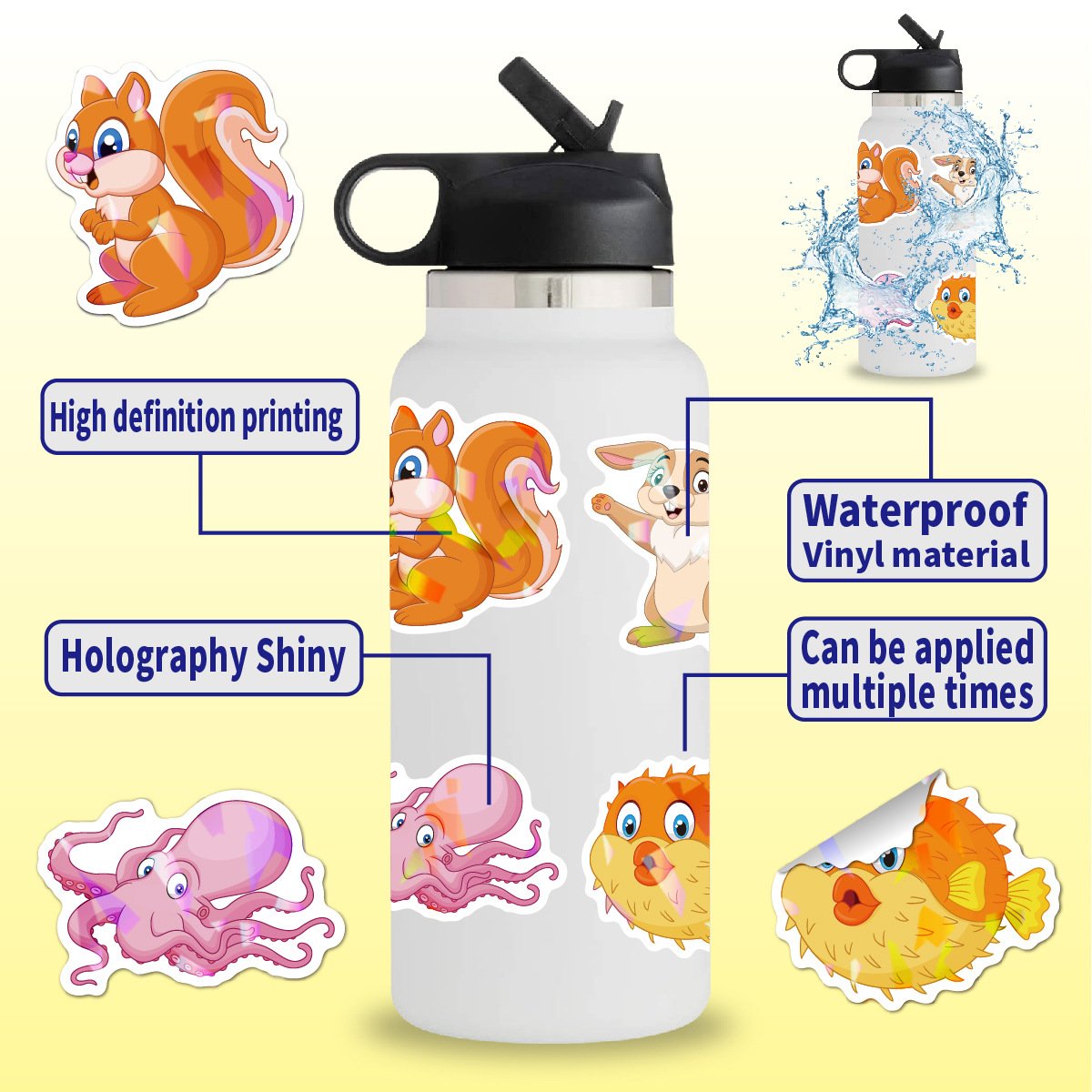 100pcs Holographic Children's Cartoon Animal Stickers Glitter Kawaii Cute Anime Waterproof Laser Textured Stationery Sticker