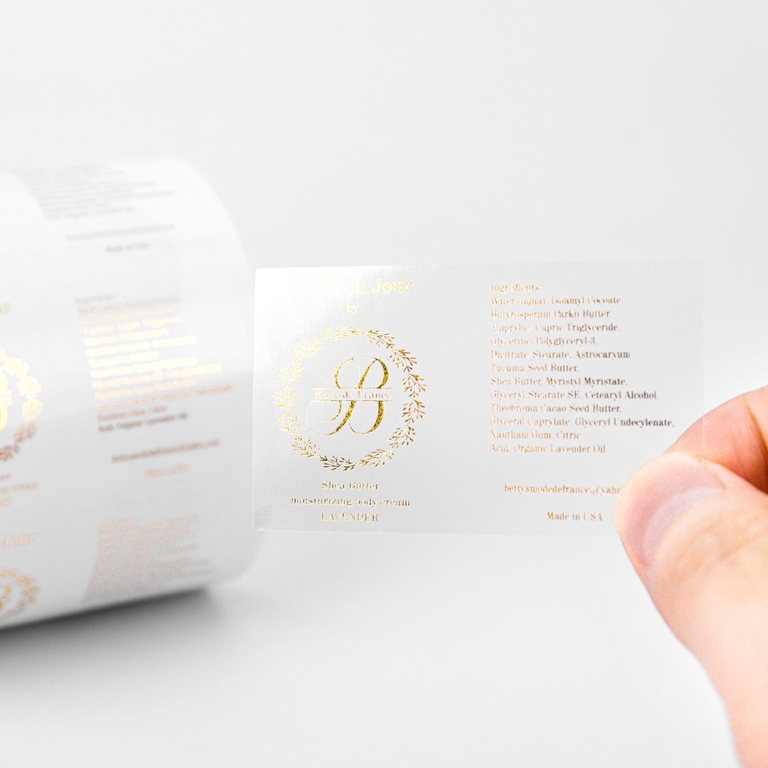 Custom logo printing brand round gold foil labels sticker roll waterproof adhesive clear stickers transparent label